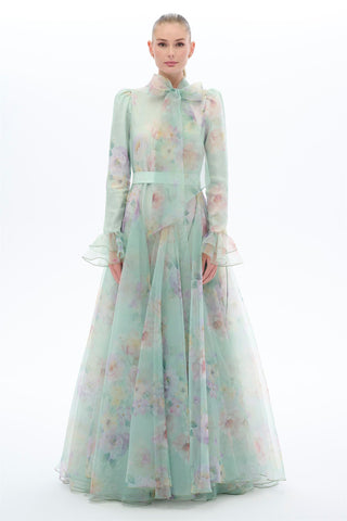 Mint Floral Organza Bow Maxi Dress