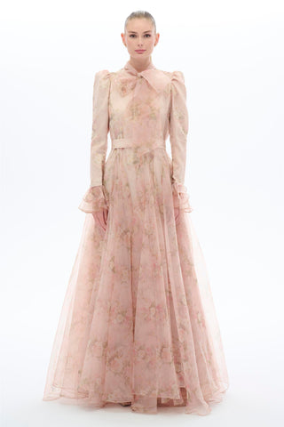 Powder Pink Floral Organza Bow Maxi Dress