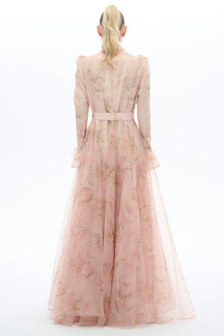 Powder Pink Floral Organza Bow Maxi Dress