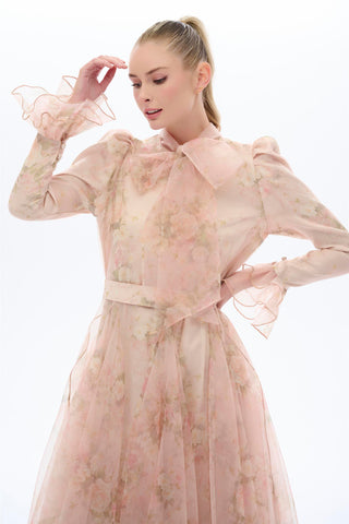 Powder Pink Floral Organza Bow Maxi Dress