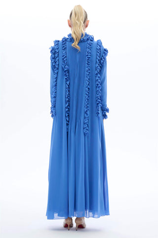 Pleated Ruffle Maxi Dress – Blue