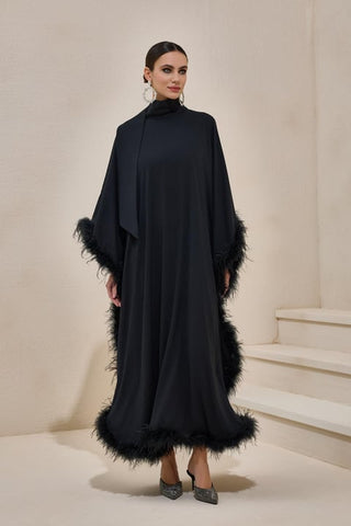 Diva Feather Kaftan Dress – Black