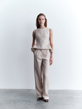 Linen Wide-Leg Trousers - Beige