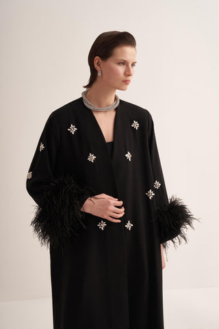 Elissa Feathered Crystal Embellished Abaya – Black