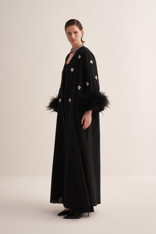 Elissa Feathered Crystal Embellished Abaya – Black