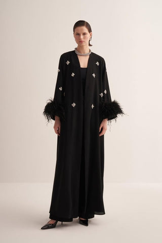 Elissa Feathered Crystal Embellished Abaya – Black