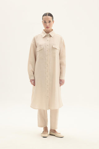 ELVIRA 100% Beoge Linen Long Shirt