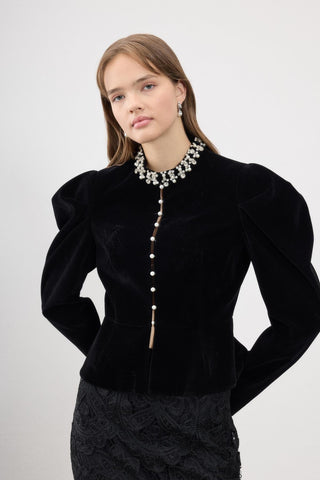 Firuze Velvet Embellished Buttoned Jacket – Black