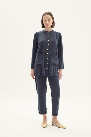 Ginny Silk Pant Set with Piping Detail – Black