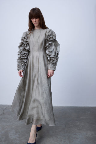 Metallic Grey Silk-Linen Dress with Sculptural Ruffle Sleeves