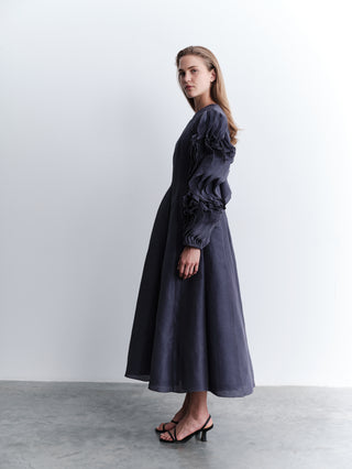 Indigo Silk-Linen Dress with Sculptural Ruffle Sleeves