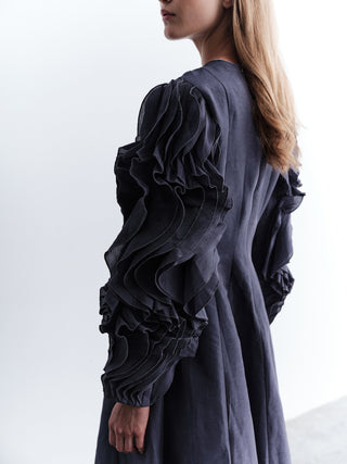 Indigo Silk-Linen Dress with Sculptural Ruffle Sleeves