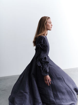 Indigo Silk-Linen Dress with Sculptural Ruffle Sleeves