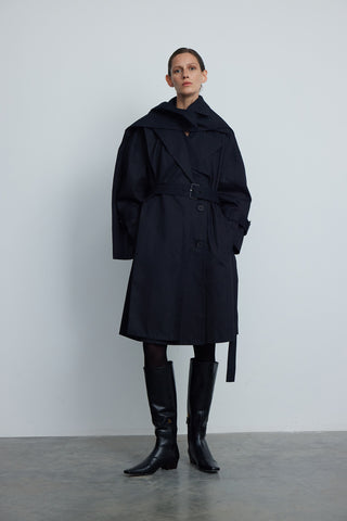 Short Belted Cotton Trench Coat in Black