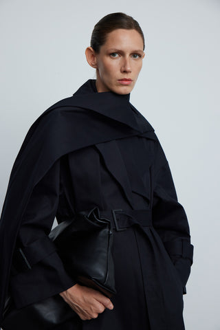 Short Belted Cotton Trench Coat in Black