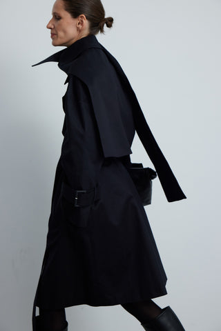 Short Belted Cotton Trench Coat in Black