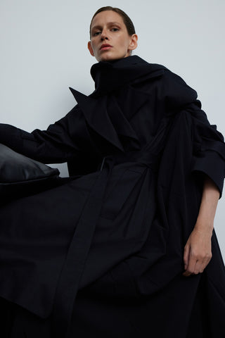 Short Belted Cotton Trench Coat in Black