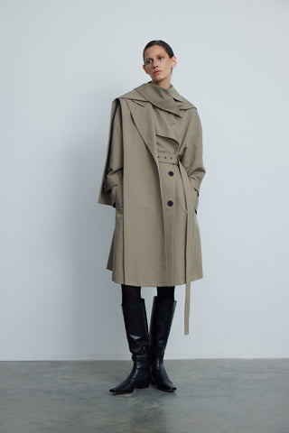 Short Belted Cotton Trench Coat in Taupe