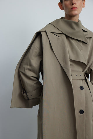 Short Belted Cotton Trench Coat in Taupe