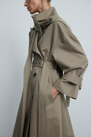 Short Belted Cotton Trench Coat in Taupe