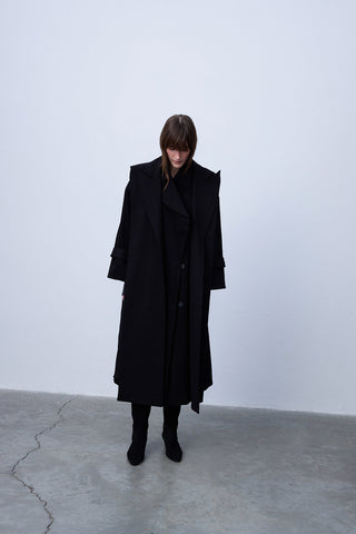 Double-Breasted Belted Cotton Trench Coat in Black