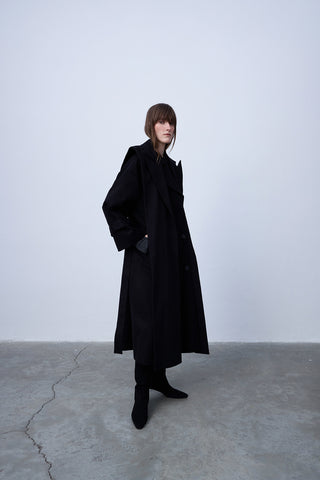 Double-Breasted Belted Cotton Trench Coat in Black