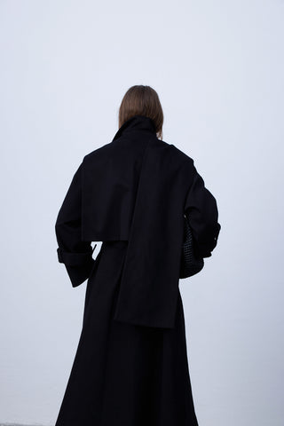 Double-Breasted Belted Cotton Trench Coat in Black