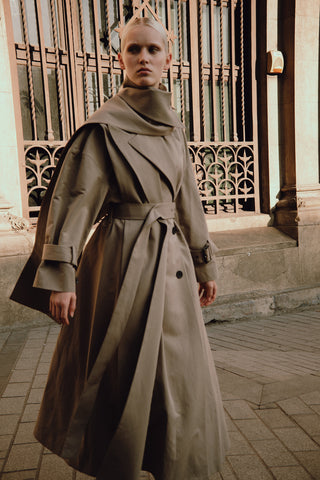 Double-Breasted Belted Cotton Trench Coat in Taupe