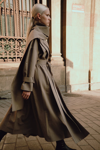 Double-Breasted Belted Cotton Trench Coat in Taupe