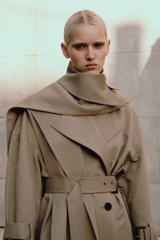 Double-Breasted Belted Cotton Trench Coat in Taupe