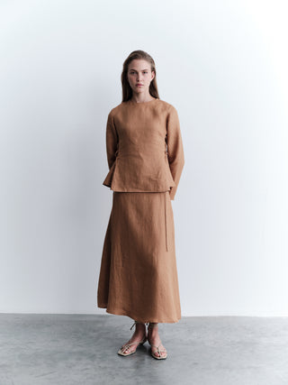 Co-Ord Set Linen Side-Tie Blouse with Skirt - Camel