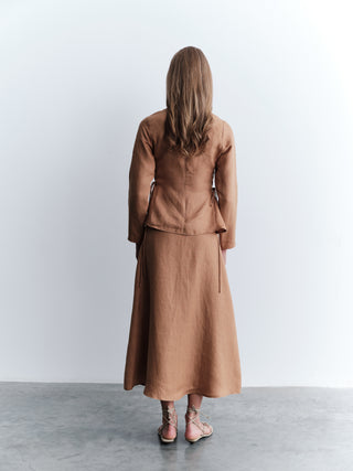 Co-Ord Set Linen Side-Tie Blouse with Skirt - Camel