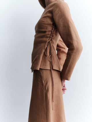 Co-Ord Set Linen Side-Tie Blouse with Skirt - Camel