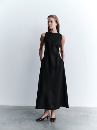 Sleeveless Linen Maxi Dress with Front Seam - Black