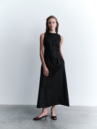 Sleeveless Linen Maxi Dress with Front Seam - Black