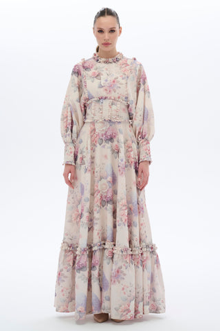 Corset Detail Floral Dress – Cream