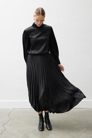 Luna High-Neck Satin Blouse – Black