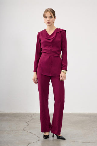 Meral Co-Ord Set with Drape Blouse – Bordeaux