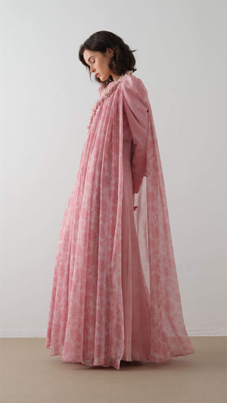 Lace-Detailed Cape Maxi Dress – Pink