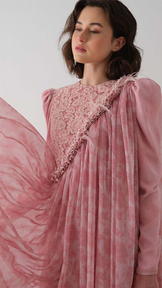 Lace-Detailed Cape Maxi Dress – Pink
