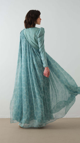 Lace-Detailed Cape Maxi Dress – Green