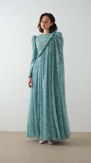 Lace-Detailed Cape Maxi Dress – Green