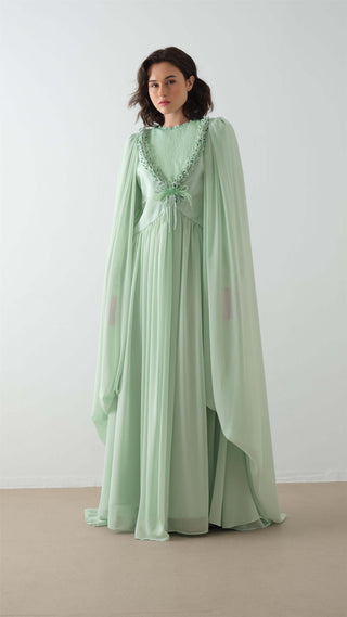 Mint Cape Dress with Floral Appliqué