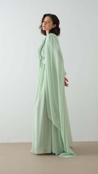 Mint Cape Dress with Floral Appliqué