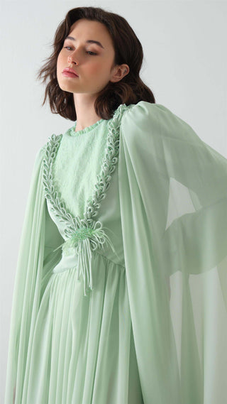Mint Cape Dress with Floral Appliqué