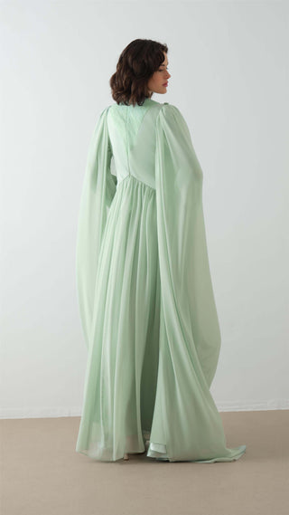 Mint Cape Dress with Floral Appliqué