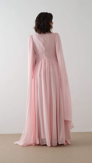 Powder Pink Cape Dress with Floral Appliqué