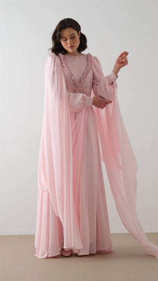 Powder Pink Cape Dress with Floral Appliqué