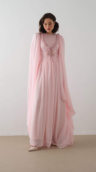 Powder Pink Cape Dress with Floral Appliqué
