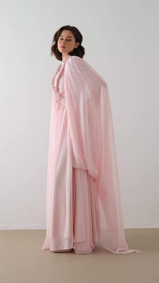 Powder Pink Cape Dress with Floral Appliqué